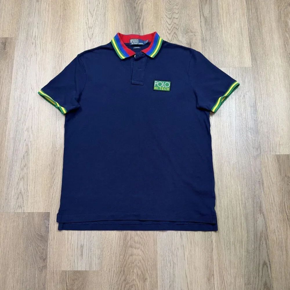 Polo By Ralph Lauren Polo Shirt Mens Medium Blue Hi Tech Logo Contrast Collar